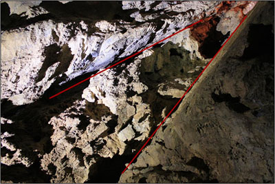 Highlights Show the Fault (bottom, steeper) and Bedding Plane (top, less steep) (Source: Heather Neis)